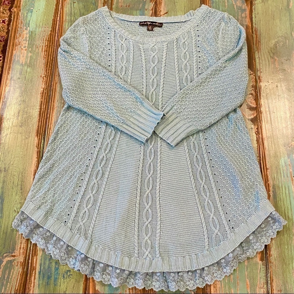 United States Sweaters Cable Knit Lace Sweater Sea Foam Green Coastal Grandma Lg - Picture 2 of 10